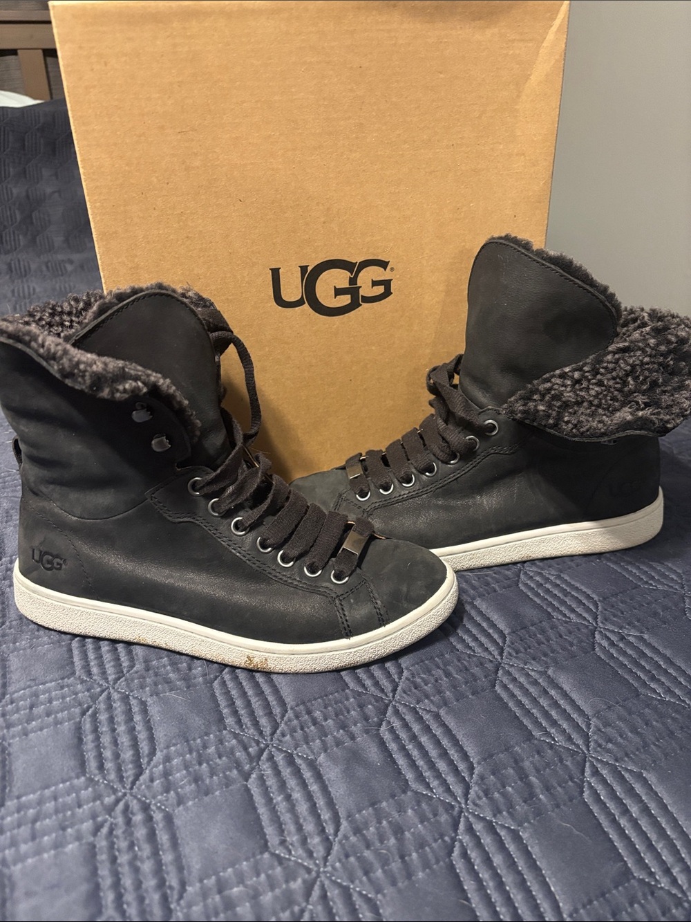 UGG Women’s Black Lace-Up Shearling-Trim High-Top Boots